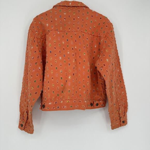 Via Via Couture Denim Jacket XL Orange Trucker Embroidered Textured Boho Retro - Picture 8 of 12